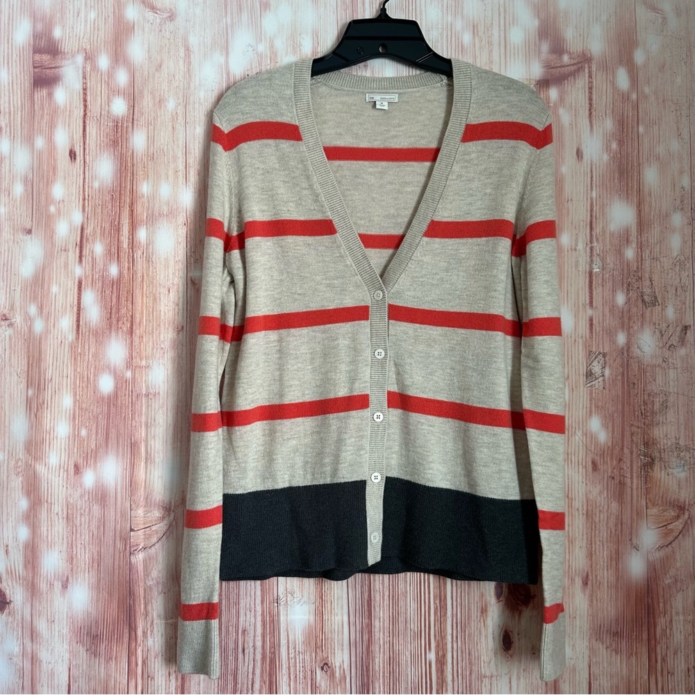 Gap Oatmeal Beige Wool Blend Orange Stripe Gray Colorblock V Neck Cardigan Sz M